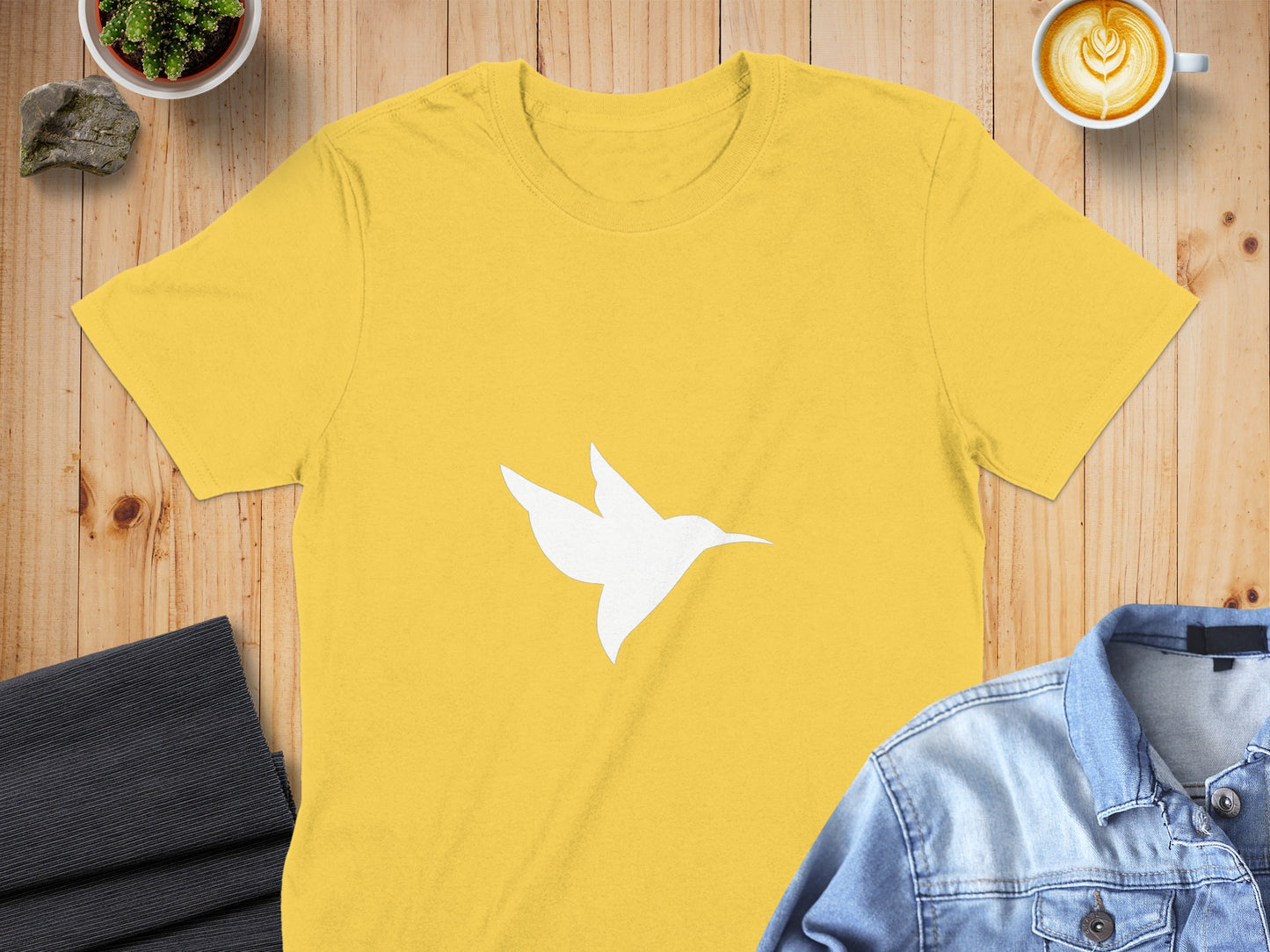 Bold Yellow Shirt with White Hummingbird Graphic Design