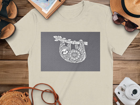 Detailed Intricate Sloth Design on Gray Background Shirt