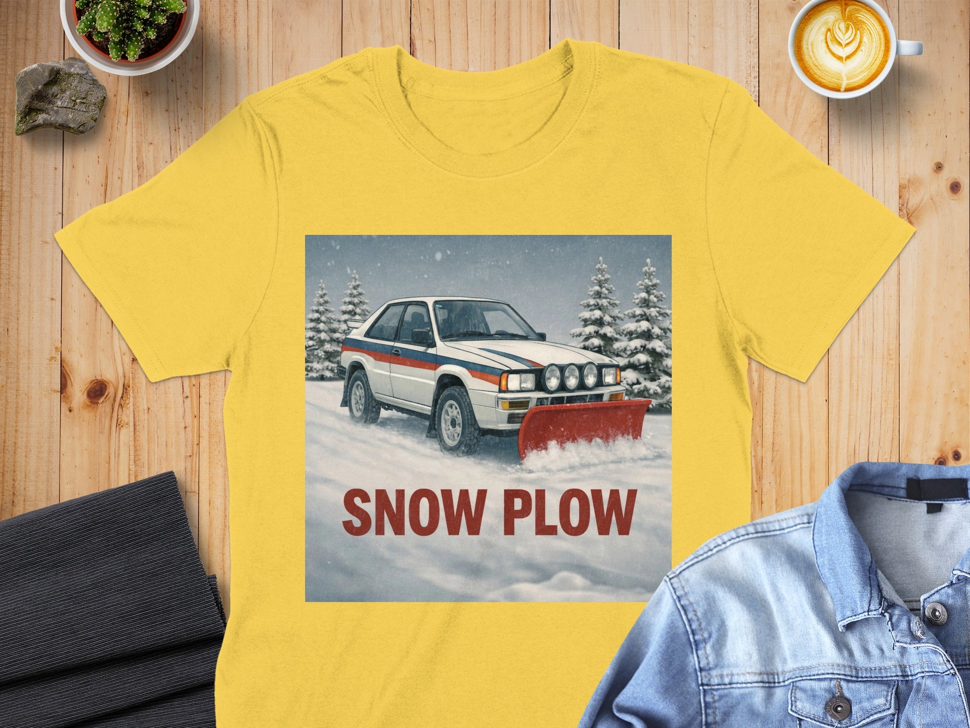 Retro Snow Plow Car with Trees Graphic T-shirt