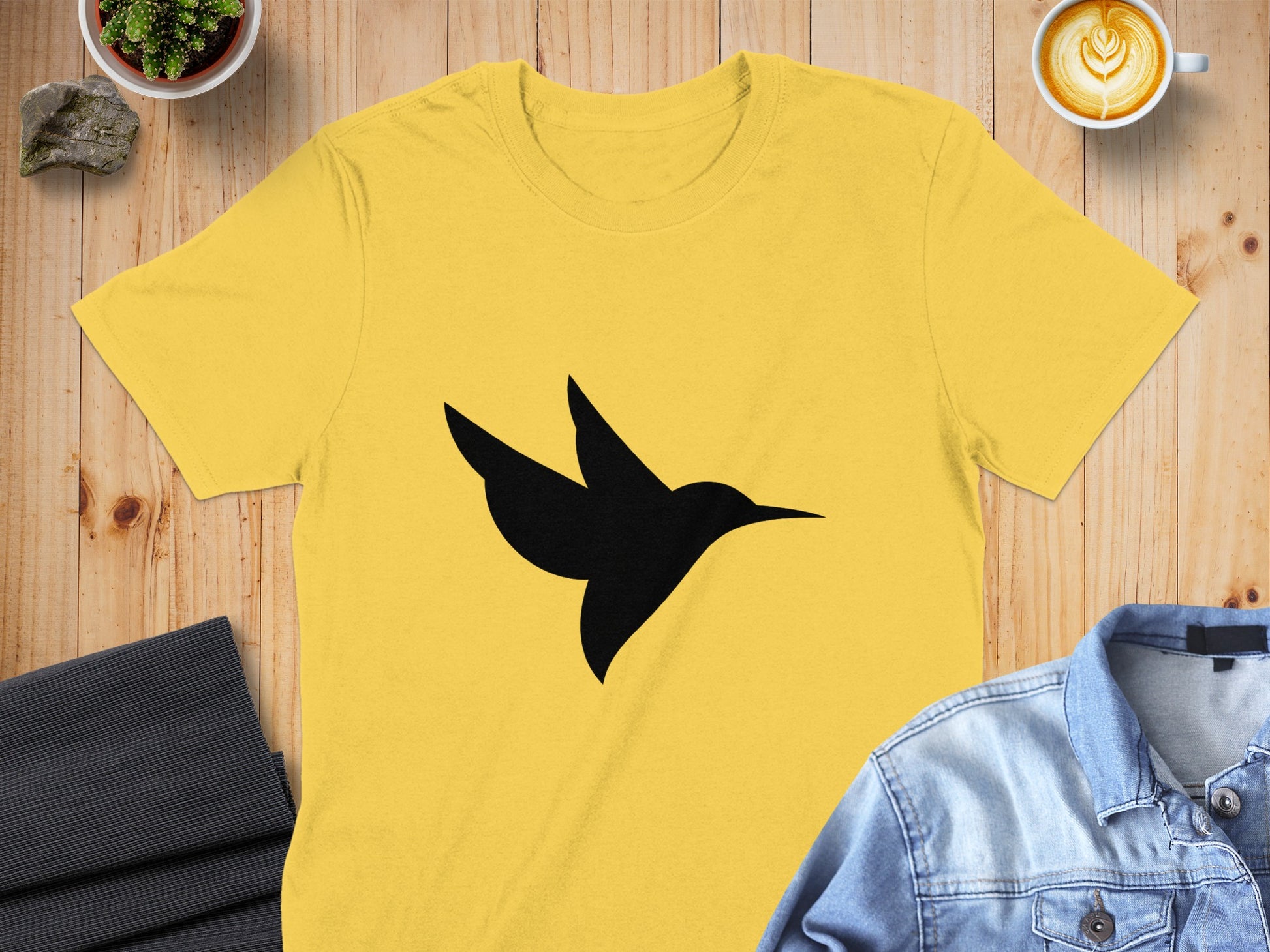 Yellow T-Shirt with Black Bird Silhouette Design