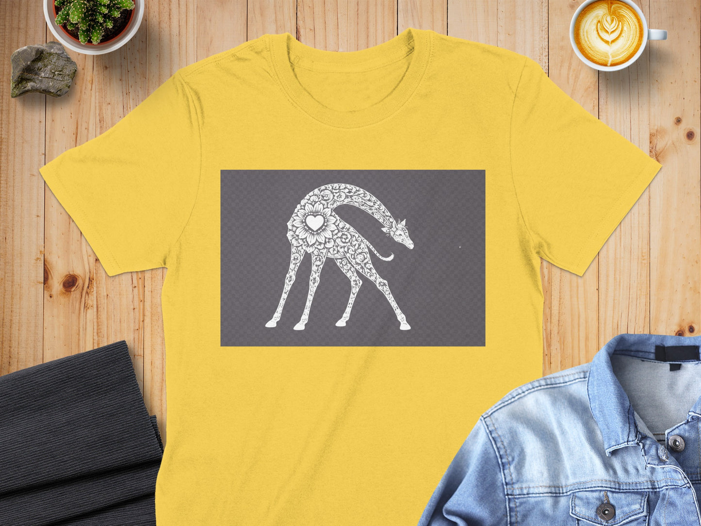 Artistic Giraffe Illustration on Yellow T-shirt